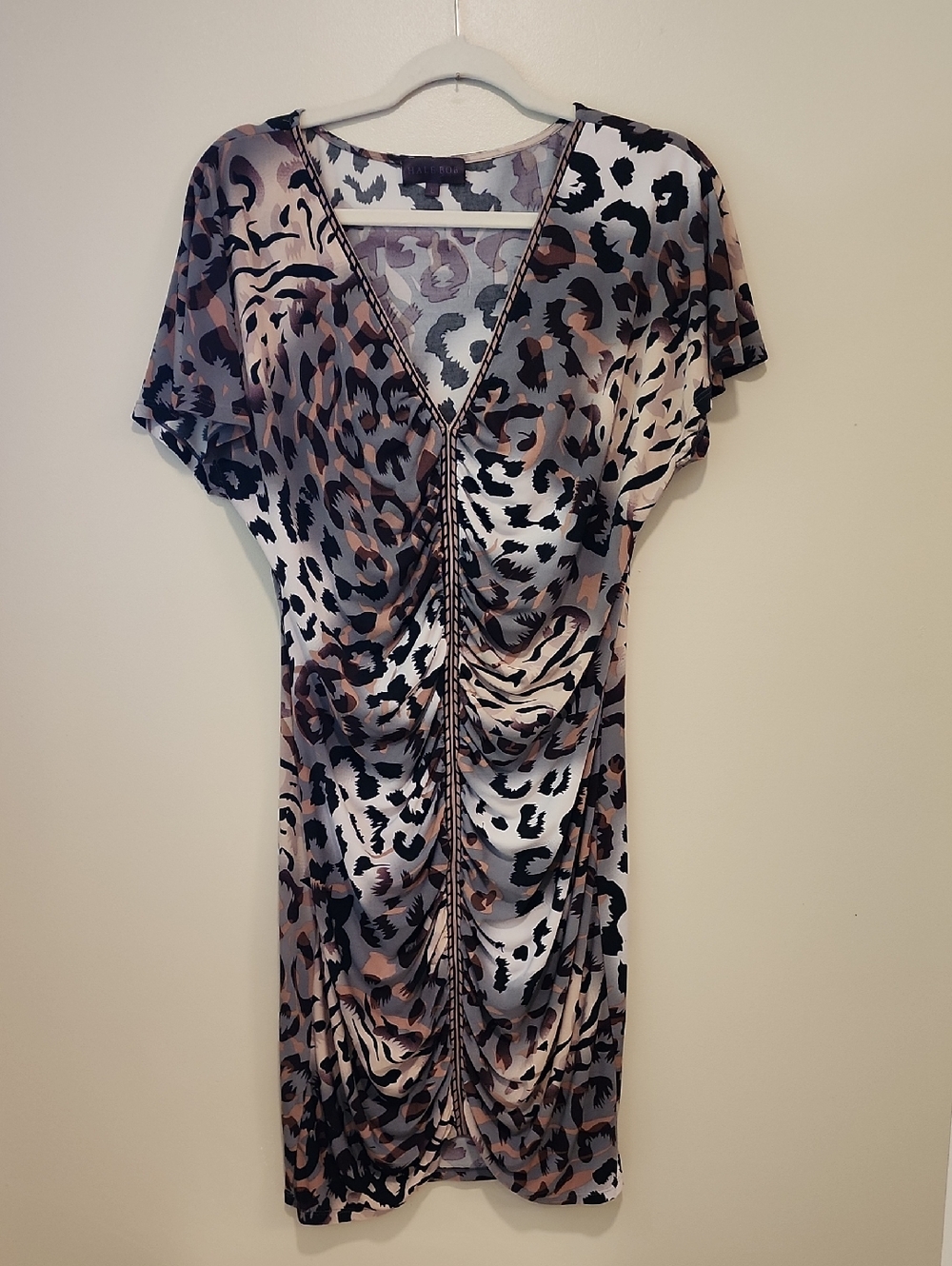 Hale Bob Dress Ruched Multi Color Leopard Print Bodycon V-Neck size Large